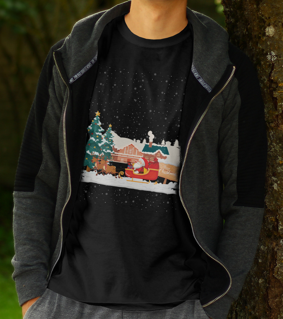 Merry Christmas Santa Claus Reindeer Sleigh Winter Scene T-Shirt