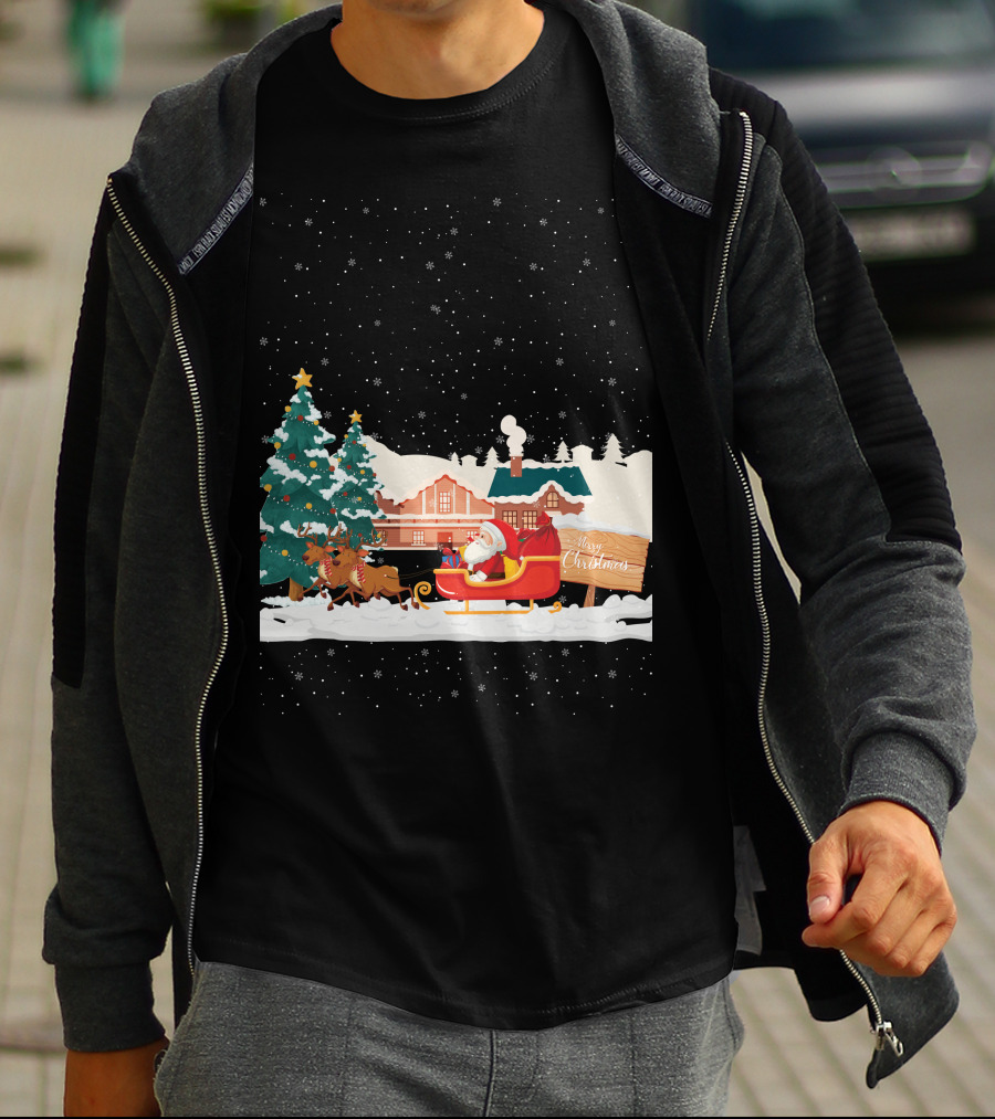 Merry Christmas Santa Claus Reindeer Sleigh Winter Scene T-Shirt