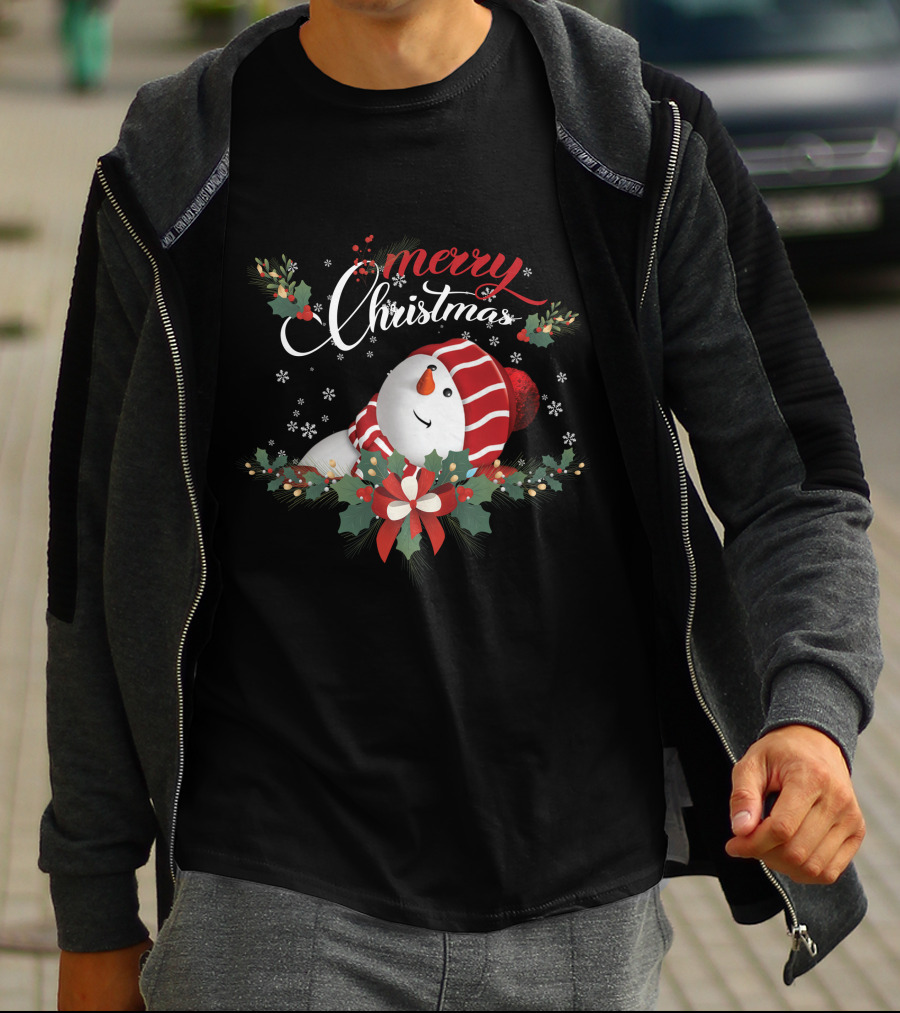 Merry Christmas Snowman With Holly And Snowflakes T-Shirt