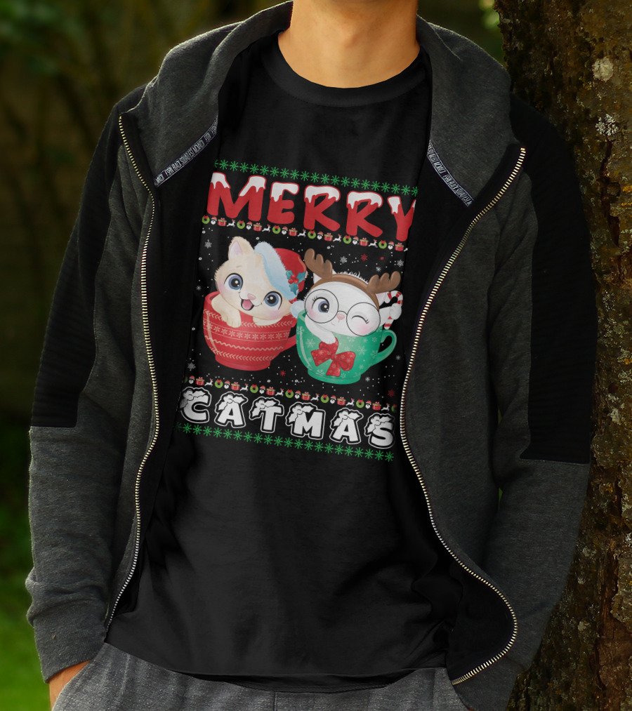 Merry Catmas With Festive Cats In Holiday Mugs T-Shirt