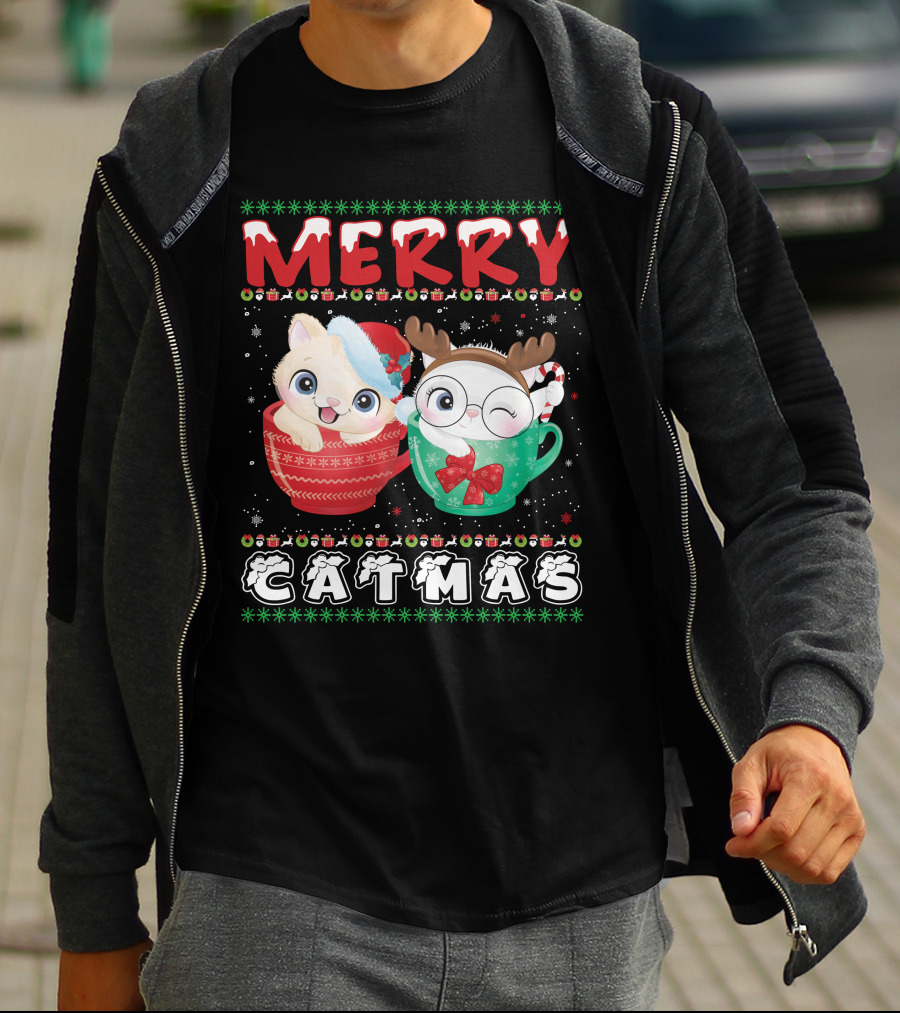 Merry Catmas With Festive Cats In Holiday Mugs T-Shirt