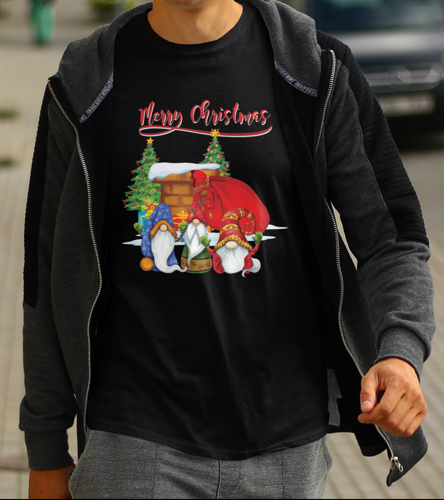Merry Christmas Funny Gnomes With Santa's Sack And Festive Trees T-Shirt