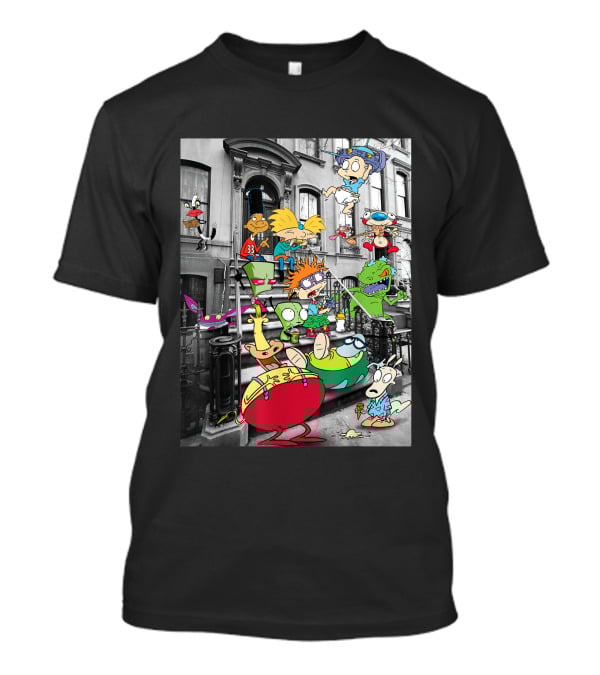Classic Nicktoons Characters Sitting On Stoop Together In Black-and-White Background Scene T-Shirt