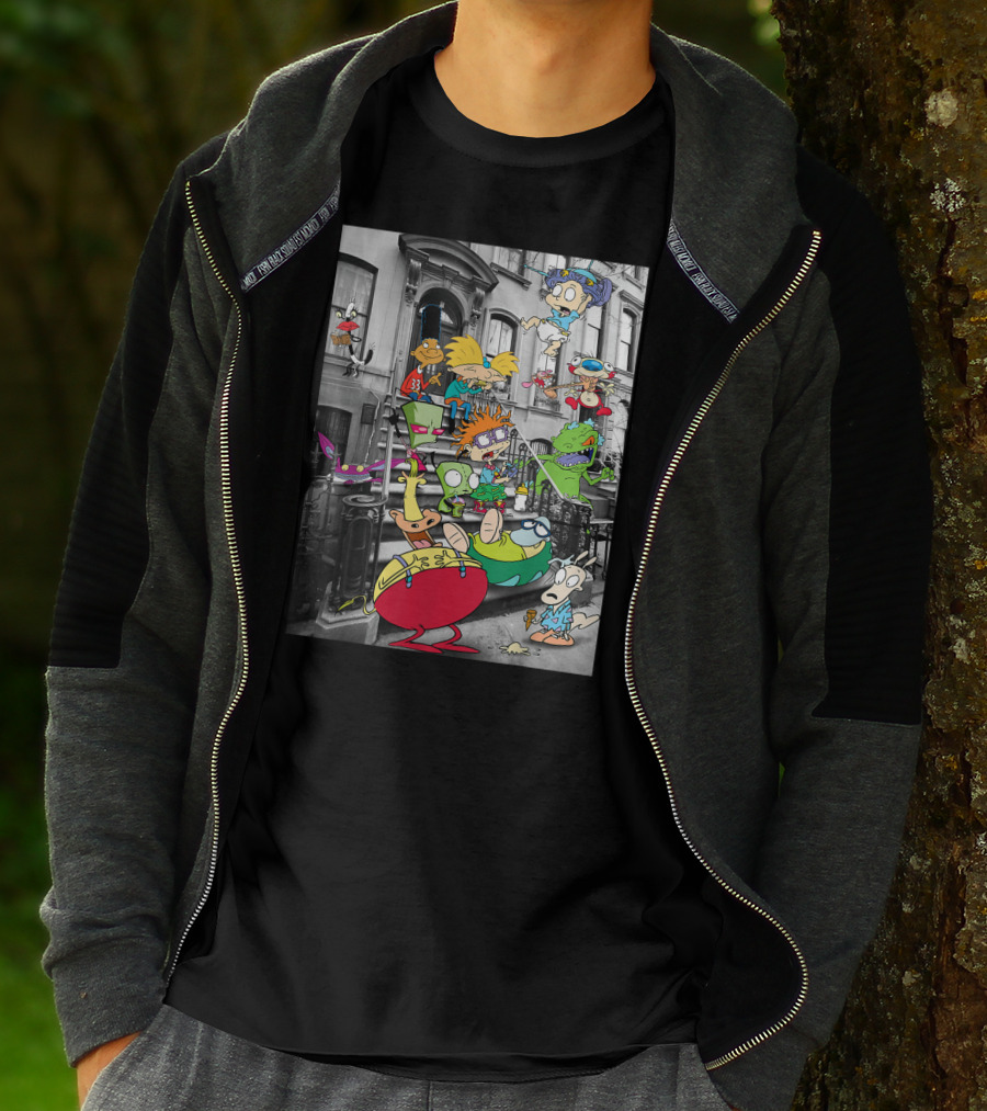 Classic Nicktoons Characters Sitting On Stoop Together In Black-and-White Background Scene T-Shirt