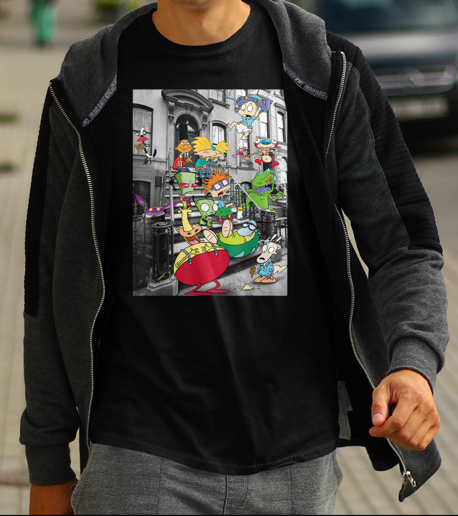 Classic Nicktoons Characters Sitting On Stoop Together In Black-and-White Background Scene T-Shirt