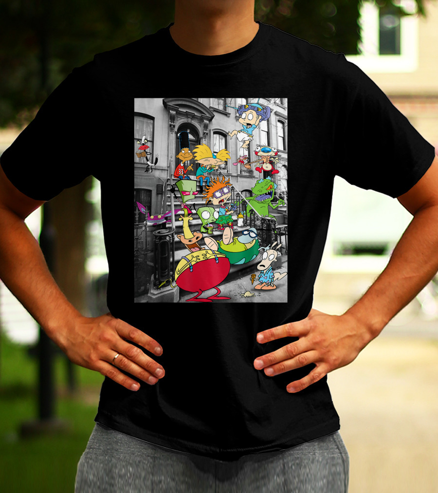 Classic Nicktoons Characters Sitting On Stoop Together In Black-and-White Background Scene T-Shirt
