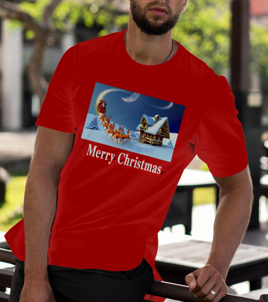 Merry Christmas Santa Sleigh Flying Over Snowy Cabin Scene T-Shirt