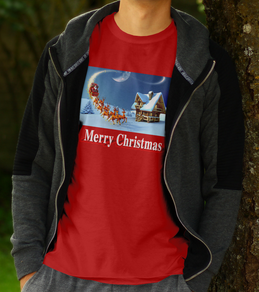 Merry Christmas Santa Sleigh Flying Over Snowy Cabin Scene T-Shirt