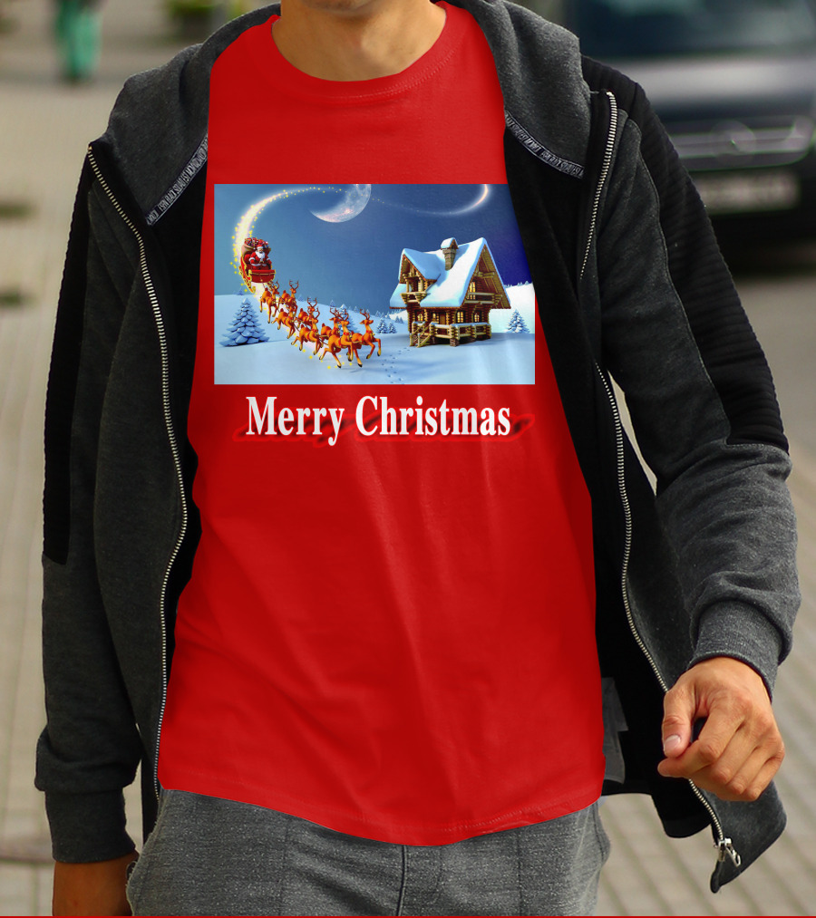 Merry Christmas Santa Sleigh Flying Over Snowy Cabin Scene T-Shirt