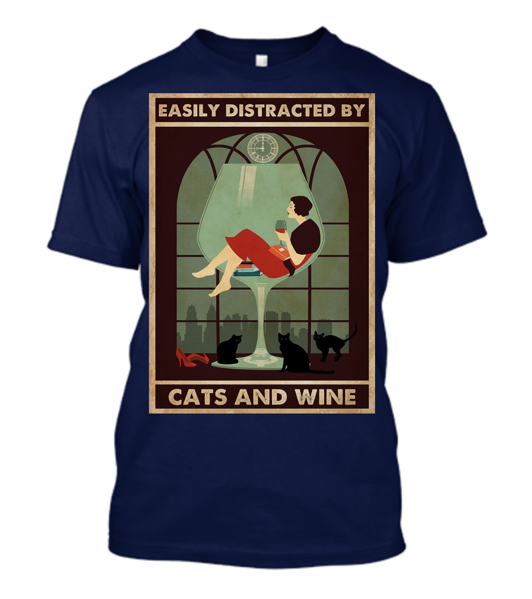 Easily Distracted By Cats And Wine Art Deco Woman In Glass With City Skyline And Cats T-Shirt