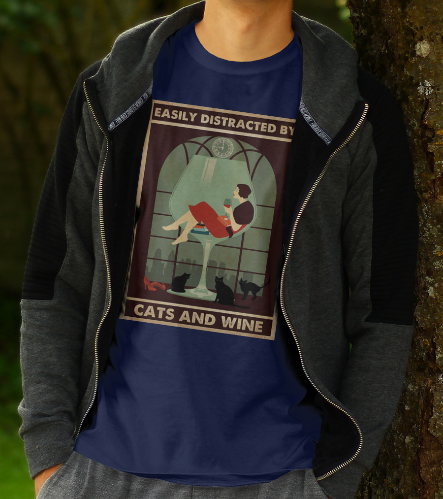 Easily Distracted By Cats And Wine Art Deco Woman In Glass With City Skyline And Cats T-Shirt