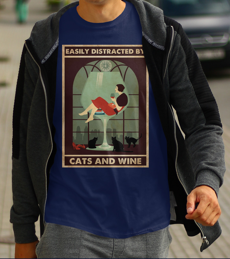 Easily Distracted By Cats And Wine Art Deco Woman In Glass With City Skyline And Cats T-Shirt
