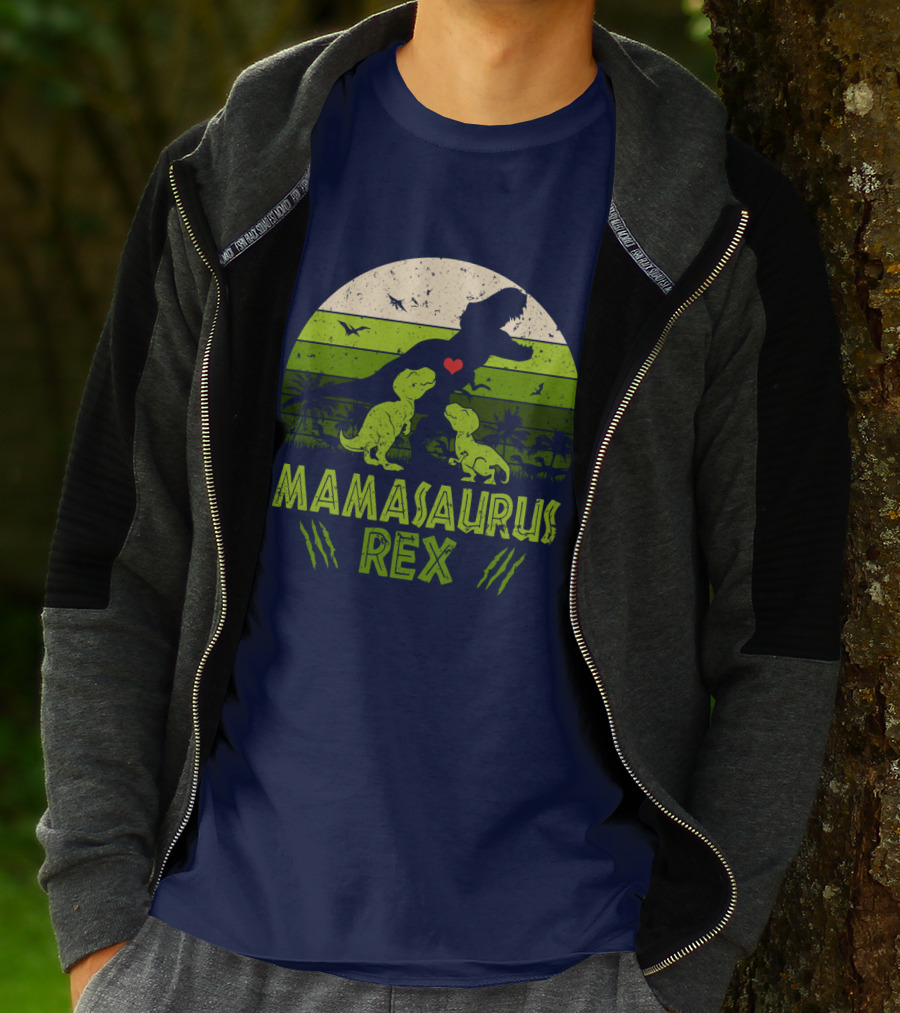 Kid Dinosaur Love For MamaSaurus Rex With Green Jungle Scene And Heart T-Shirt