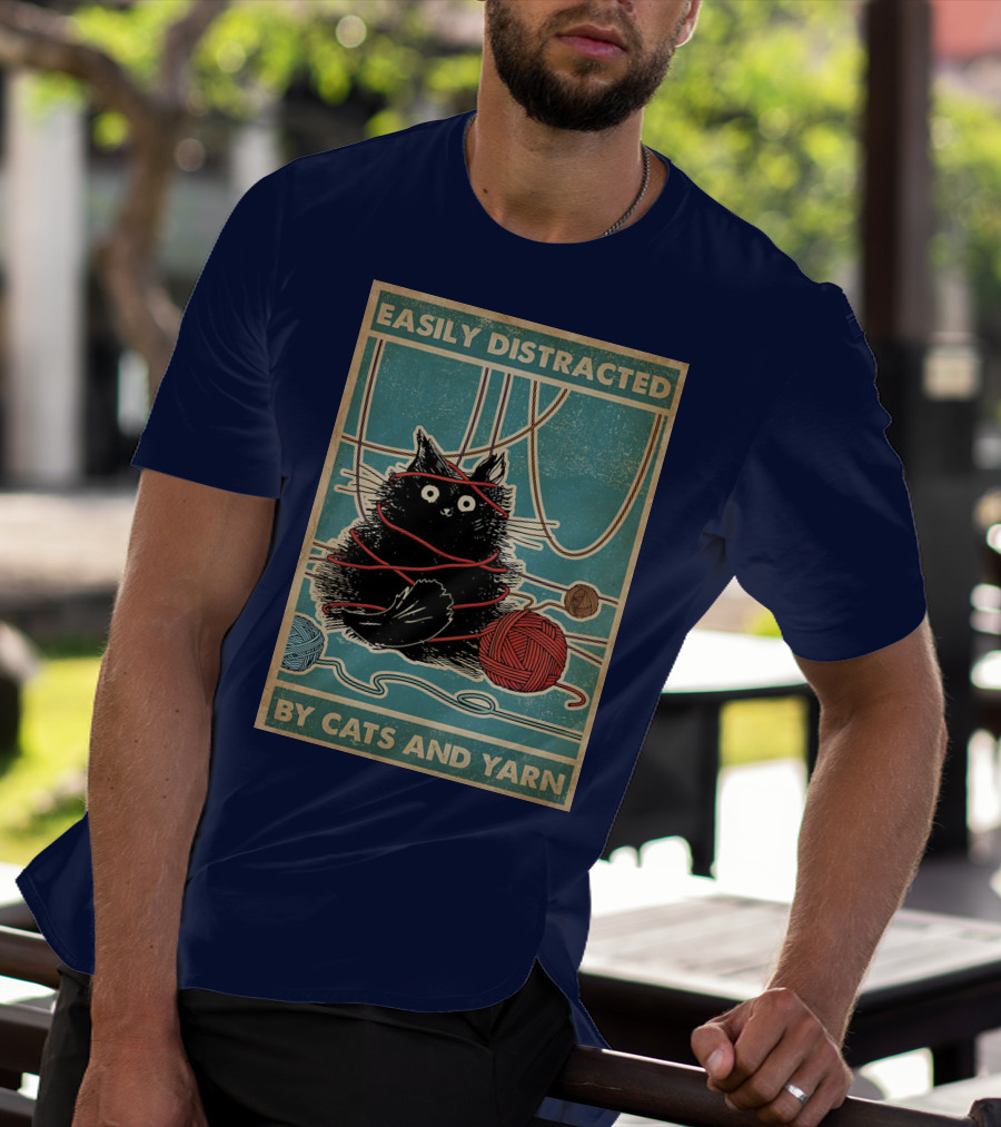 Easily Distracted Black Cat With Red Yarn And Balls Of Yarn T-Shirt