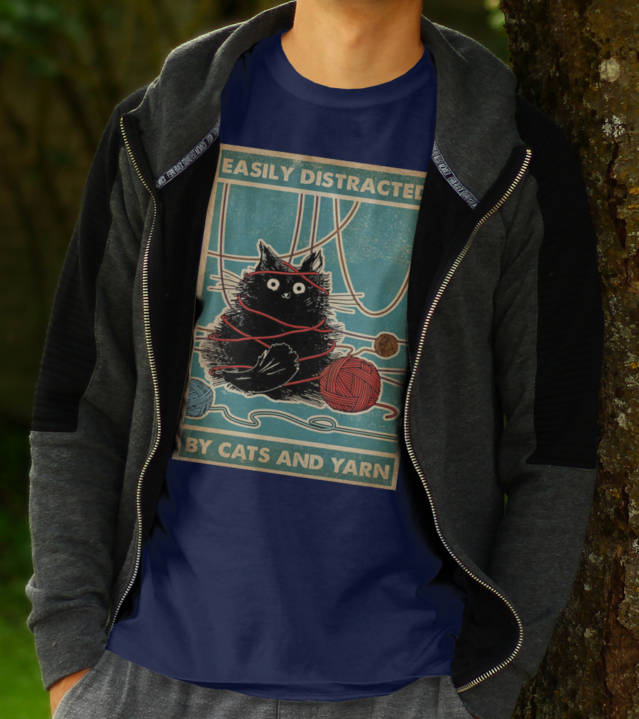 Easily Distracted Black Cat With Red Yarn And Balls Of Yarn T-Shirt