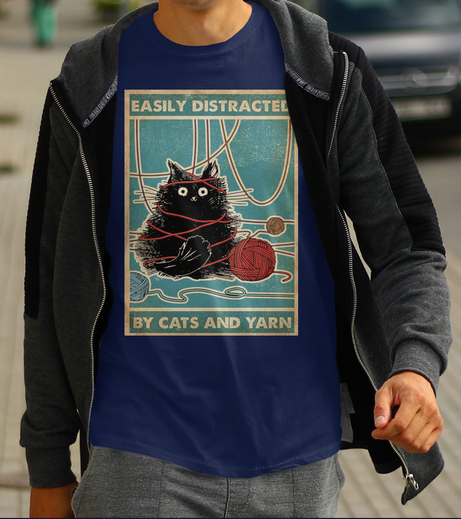 Easily Distracted Black Cat With Red Yarn And Balls Of Yarn T-Shirt