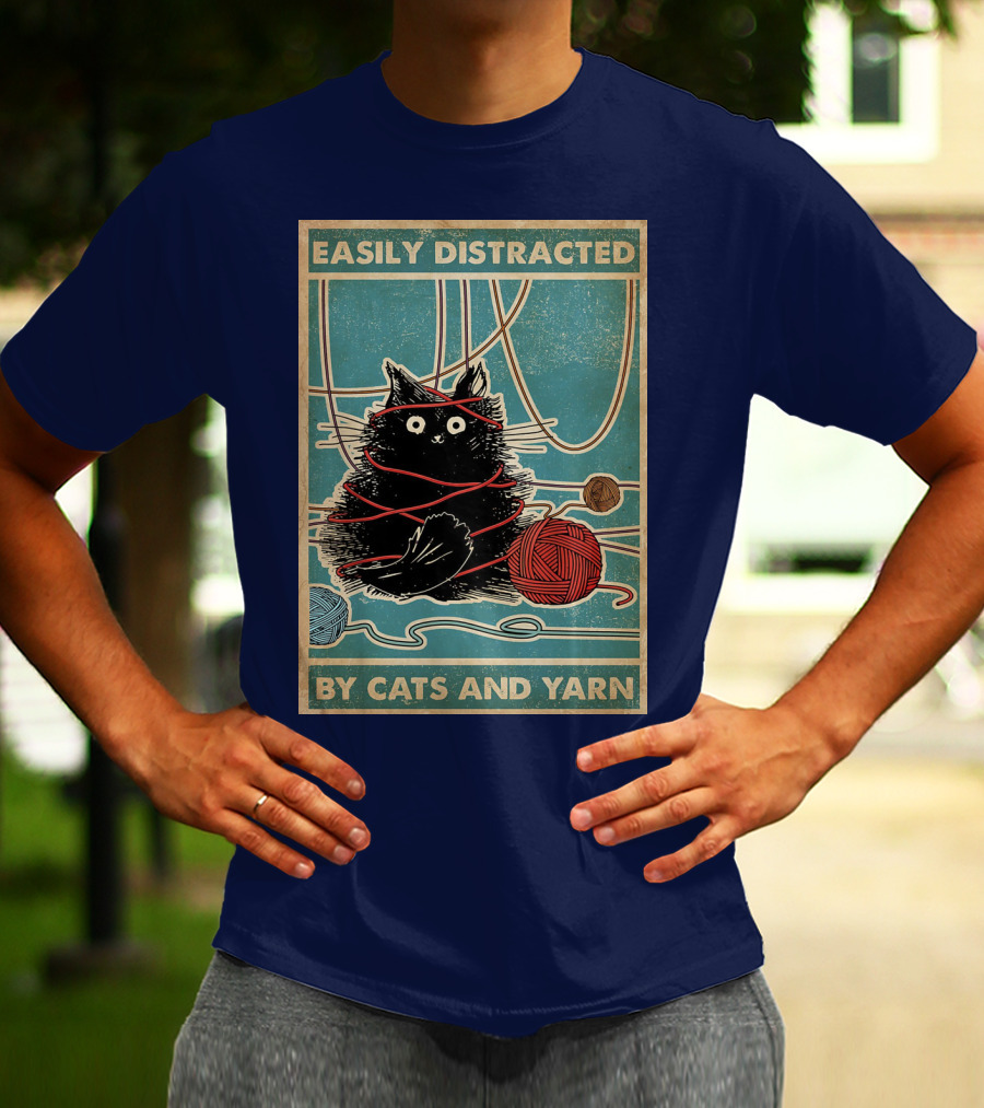 Easily Distracted Black Cat With Red Yarn And Balls Of Yarn T-Shirt
