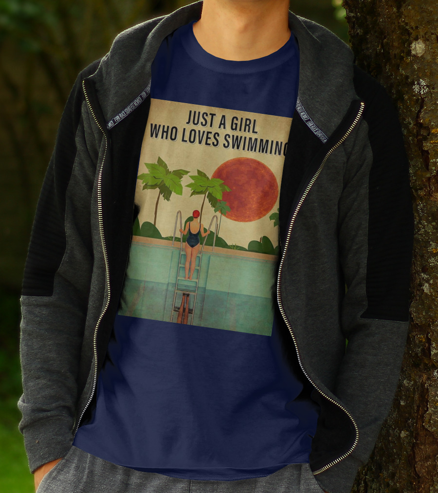 Just A Girl Who Loves Swimming With Palm Trees And Red Sun T-Shirt