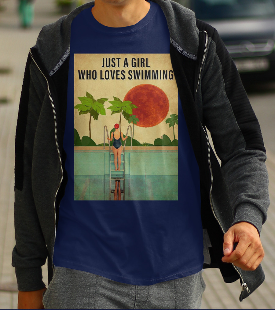 Just A Girl Who Loves Swimming With Palm Trees And Red Sun T-Shirt