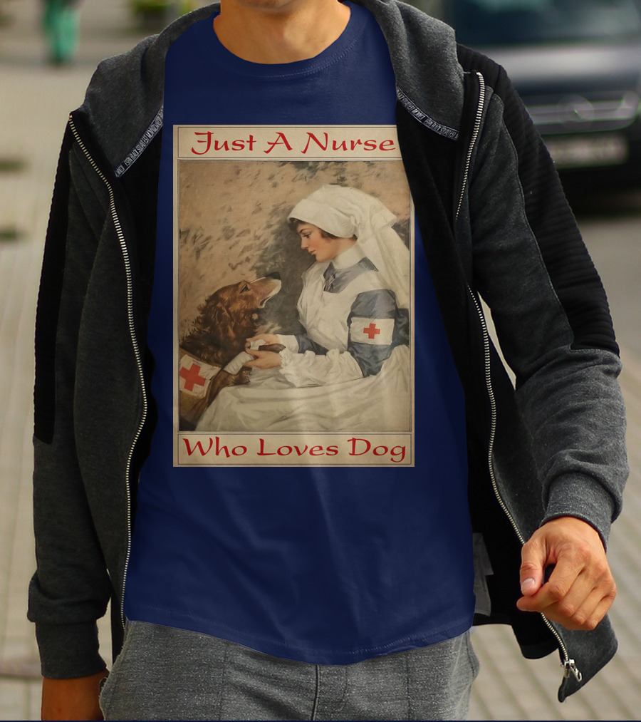 Just A Nurse Who Loves Dog With Red Cross And Caring Gesture T-Shirt