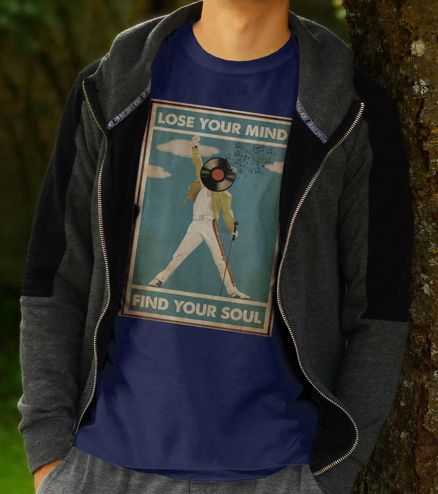Freddie Mercury Lose Your Mind Find Your Soul Vintage Vinyl Record Head And Microphone T-Shirt