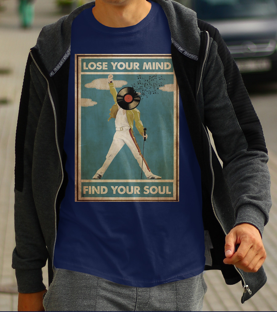 Freddie Mercury Lose Your Mind Find Your Soul Vintage Vinyl Record Head And Microphone T-Shirt