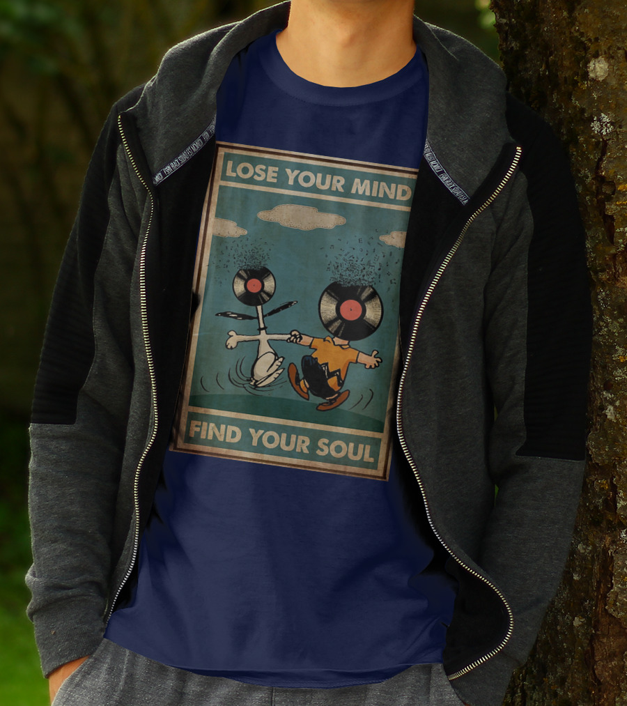 Snoopy And Charlie Brown Vinyl Record Heads Lose Your Mind Find Your Soul T-Shirt