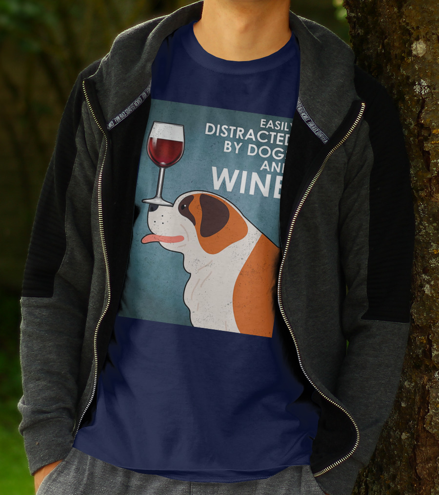 St Bernard Easily Distracted By Dogs And Wine With Red Wine Glass T-Shirt