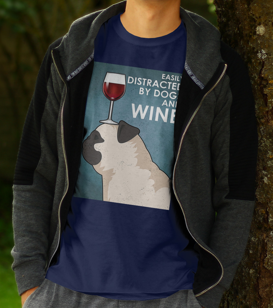 Easily Distracted By Dogs And Wine Pug With Wine Glass Balancing Act T-Shirt