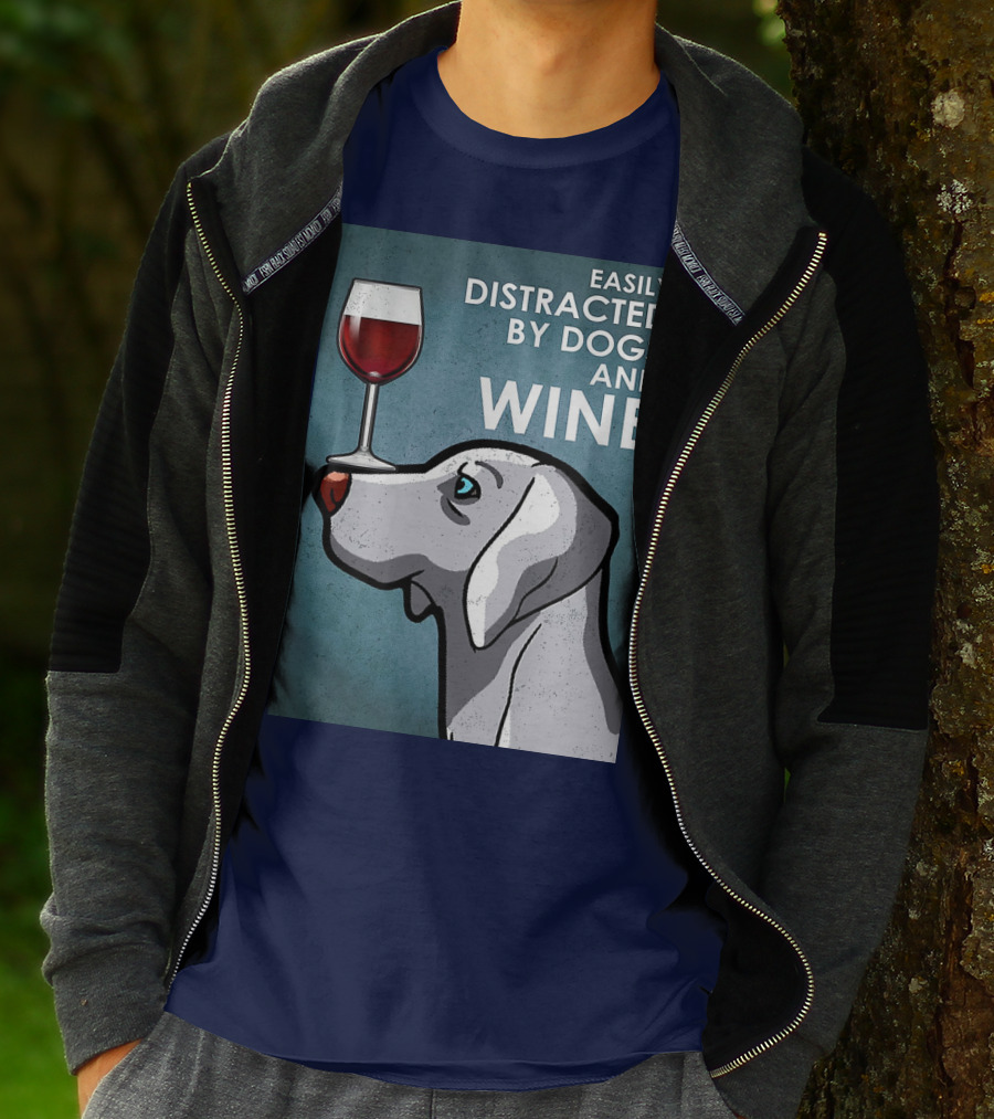 Easily Distracted By Dogs And Wine Weimaraner With Glass T-Shirt