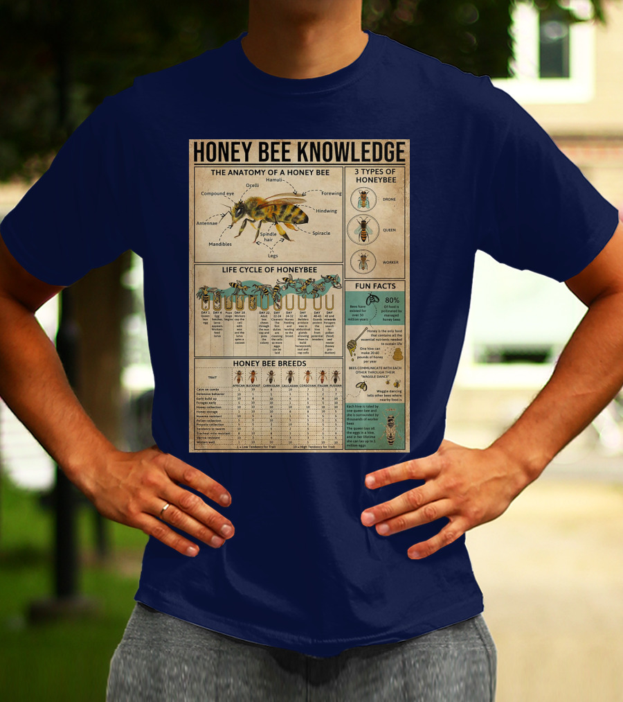 Honey Bee Knowledge Anatomy Types Lifecycle Breeds Fun Facts T-Shirt