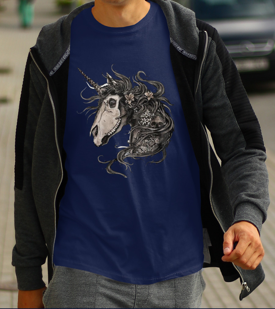 Floral Skull Unicorn Head With Flowers And Dark Mane T-Shirt