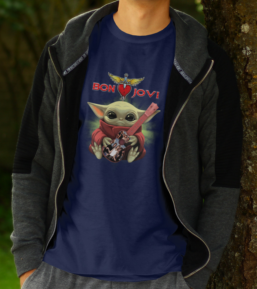 Baby Yoda Holding Guitar With Bon Jovi Heart Dagger T-Shirt