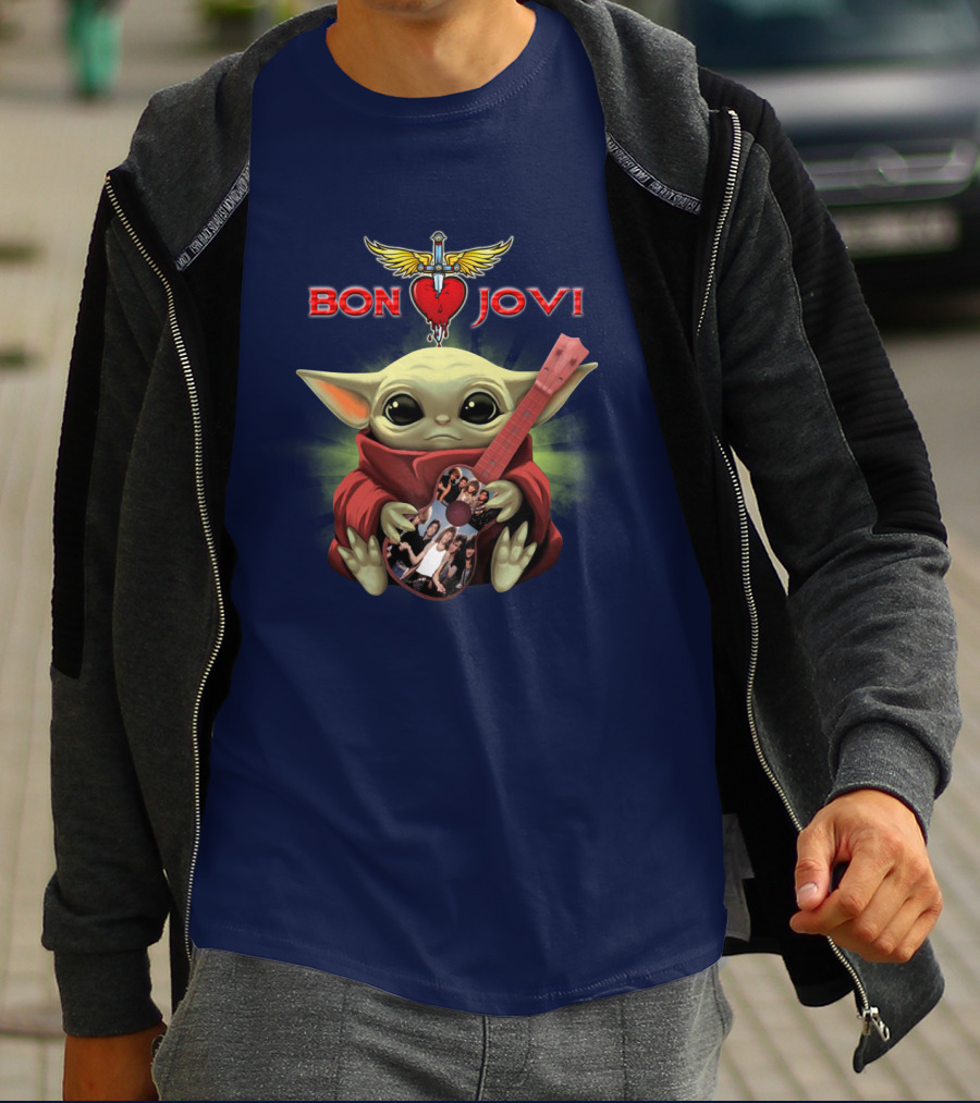 Baby Yoda Holding Guitar With Bon Jovi Heart Dagger T-Shirt