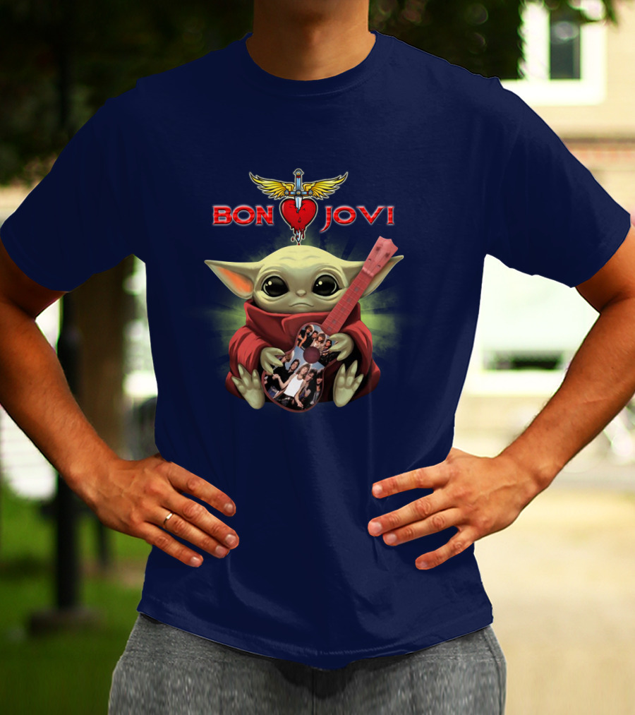 Baby Yoda Holding Guitar With Bon Jovi Heart Dagger T-Shirt