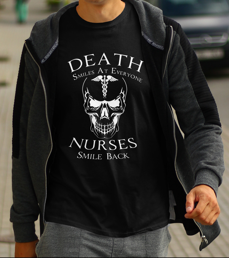 Death Smiles At Everyone Nurses Smile Back Caduceus Skull T-Shirt