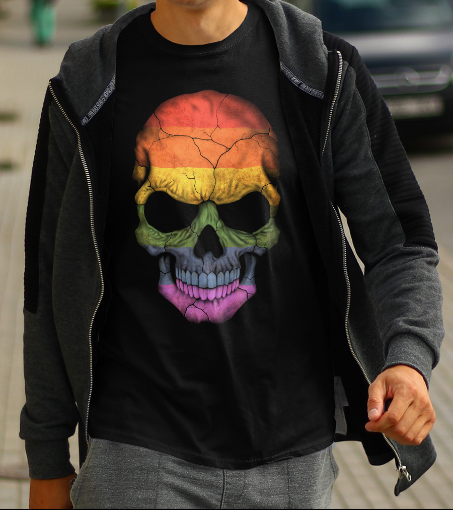 Gay Pride Rainbow Flag Skull Cracked Texture T-Shirt