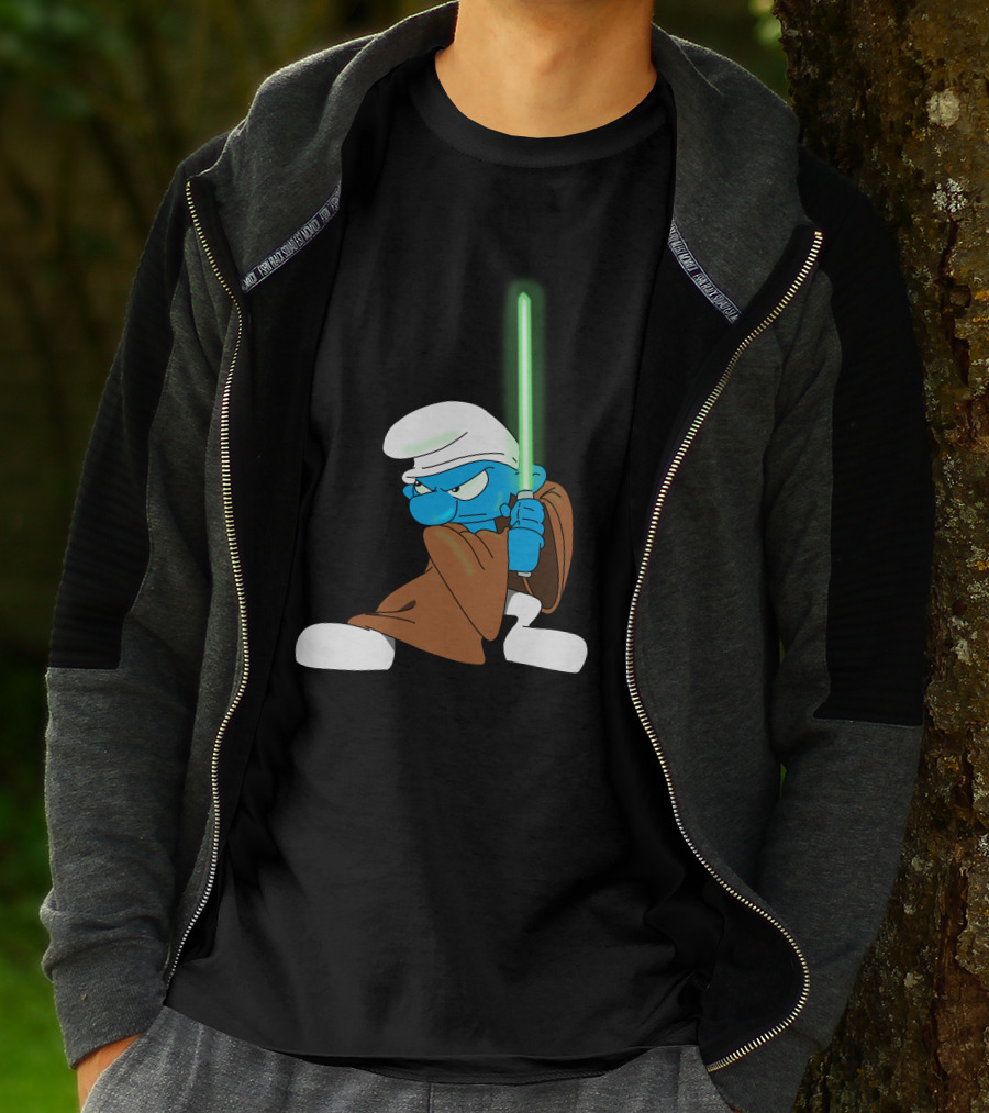 Smurf Jedi With Green Lightsaber In Star Wars-Inspired Crossover T-Shirt