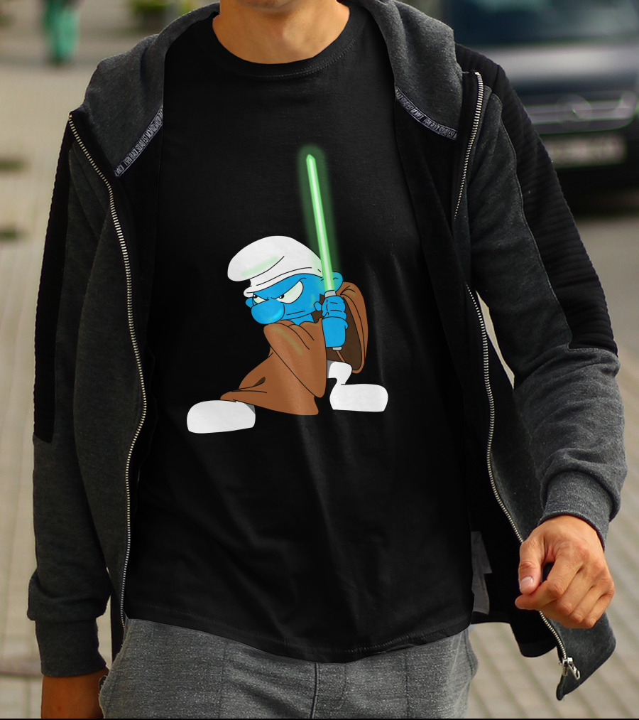 Smurf Jedi With Green Lightsaber In Star Wars-Inspired Crossover T-Shirt