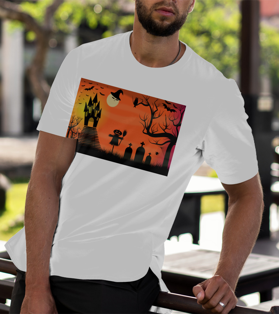 Halloween Haunted Castle Silhouette With Bats And Graveyard Scene T-Shirt