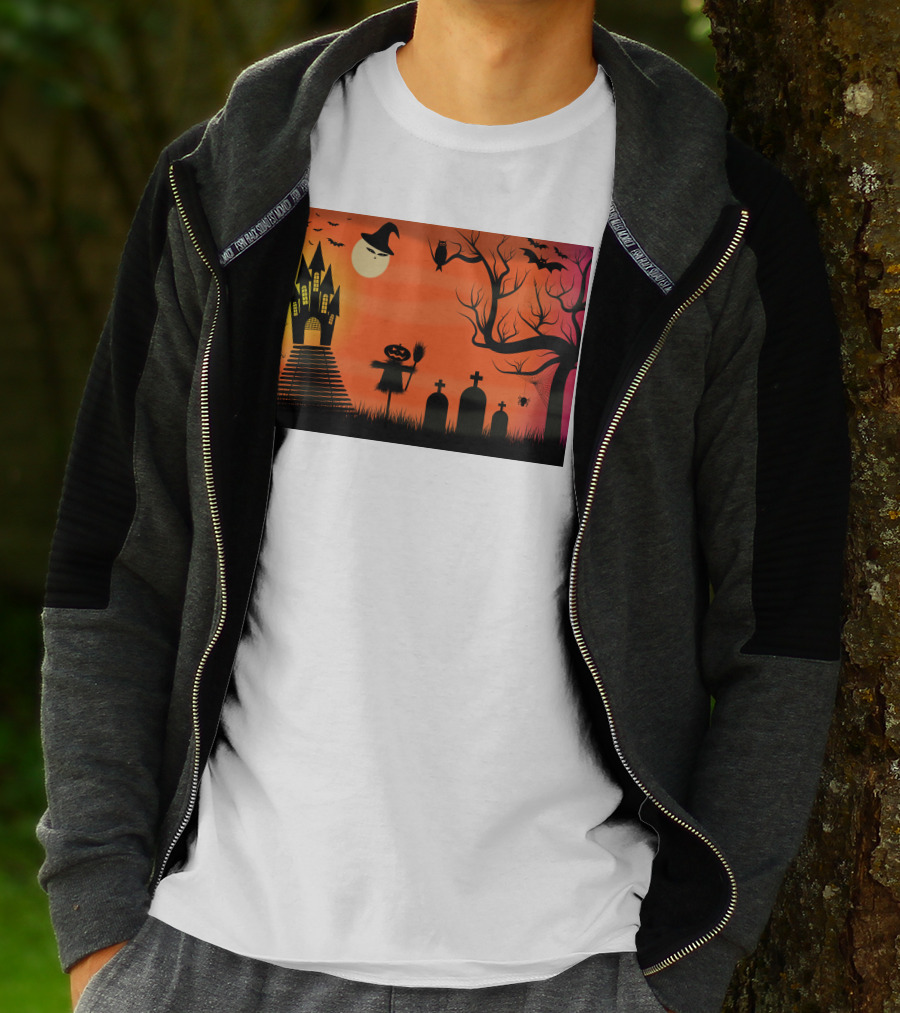 Halloween Haunted Castle Silhouette With Bats And Graveyard Scene T-Shirt