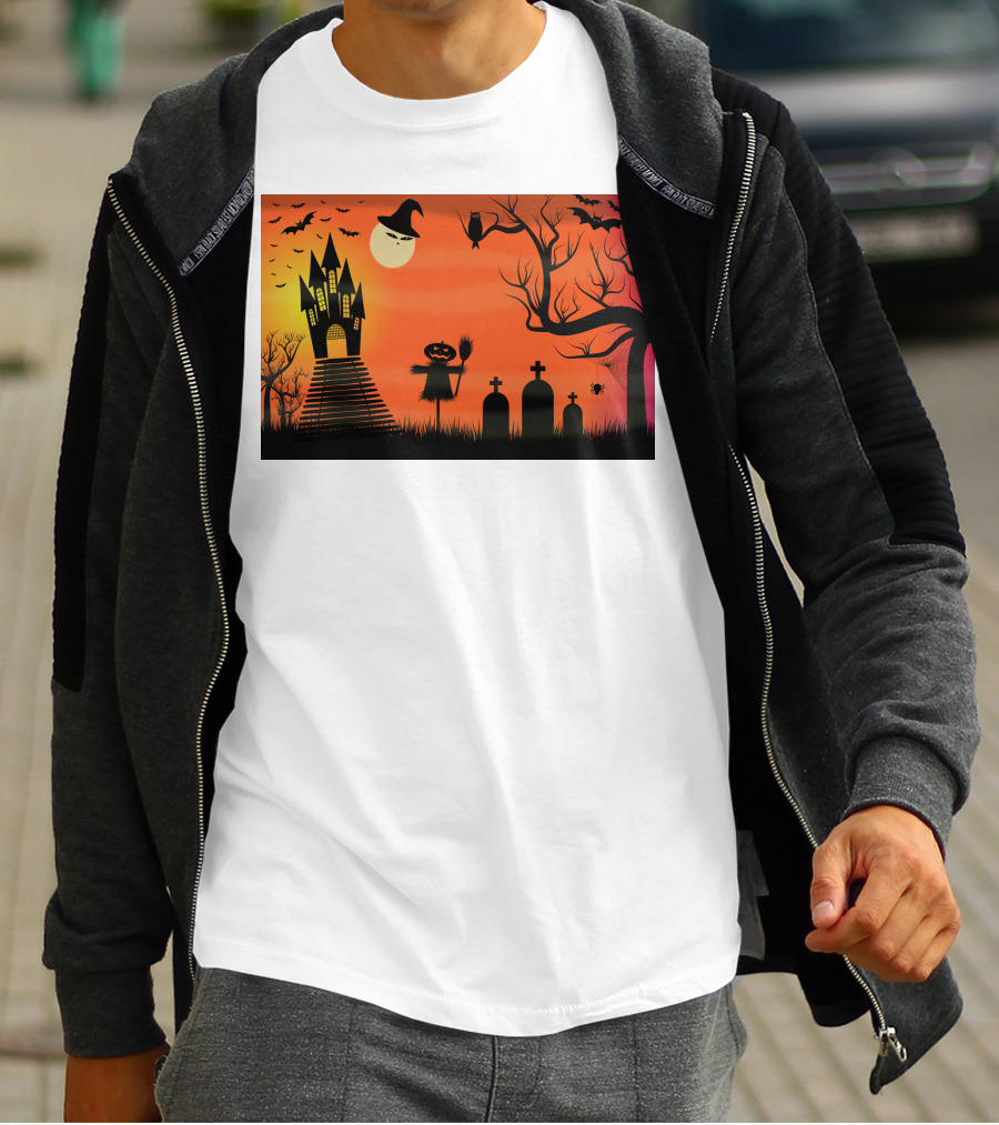 Halloween Haunted Castle Silhouette With Bats And Graveyard Scene T-Shirt