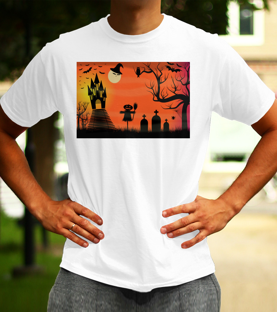 Halloween Haunted Castle Silhouette With Bats And Graveyard Scene T-Shirt