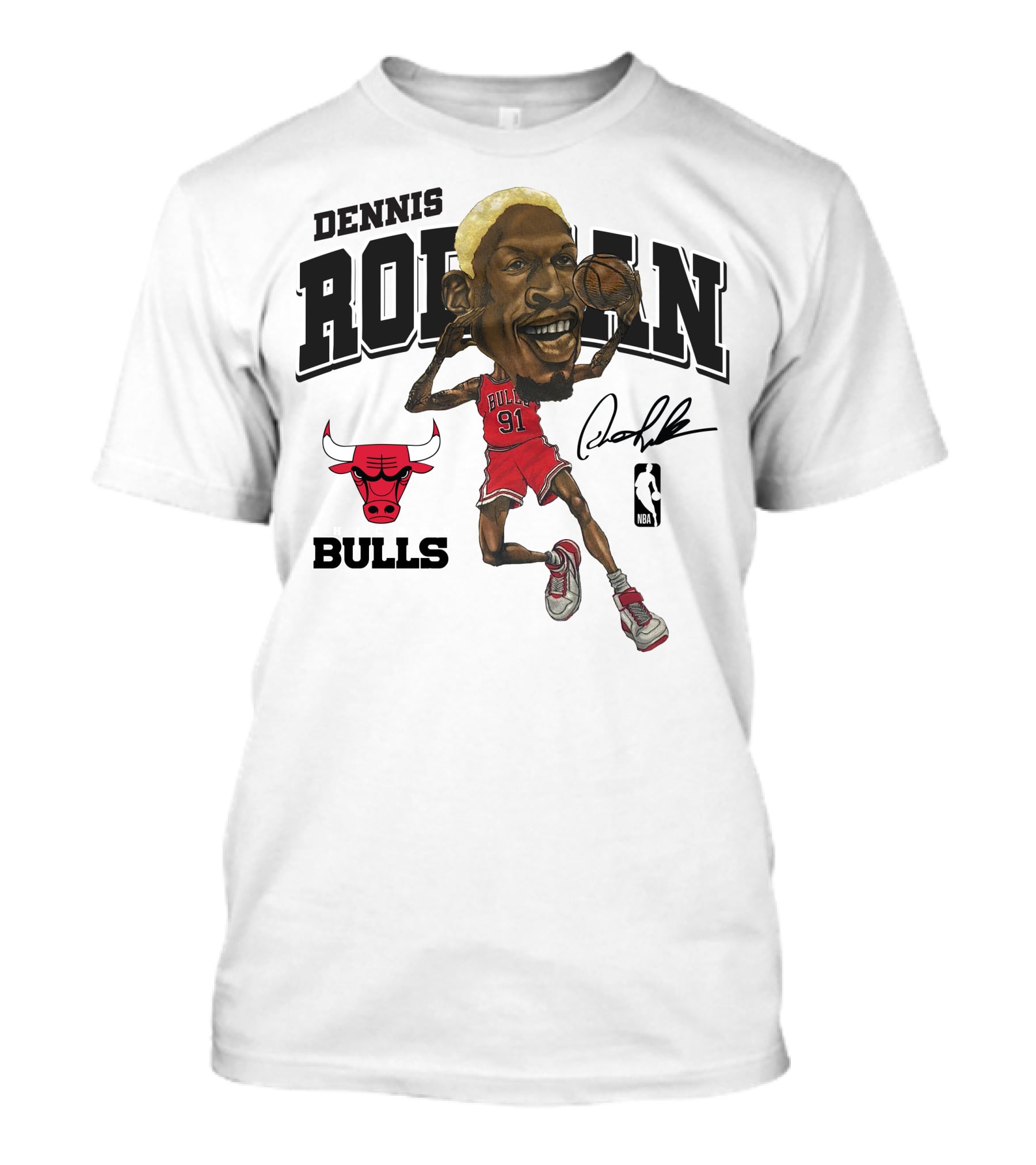Dennis Rodman 91 Chicago Bulls NBA Caricature Signature Mitchell And Ness T-Shirt