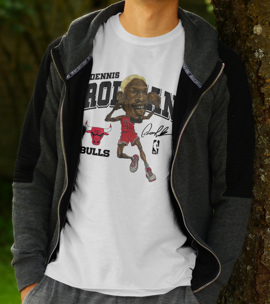 Dennis Rodman 91 Chicago Bulls NBA Caricature Signature Mitchell And Ness T-Shirt