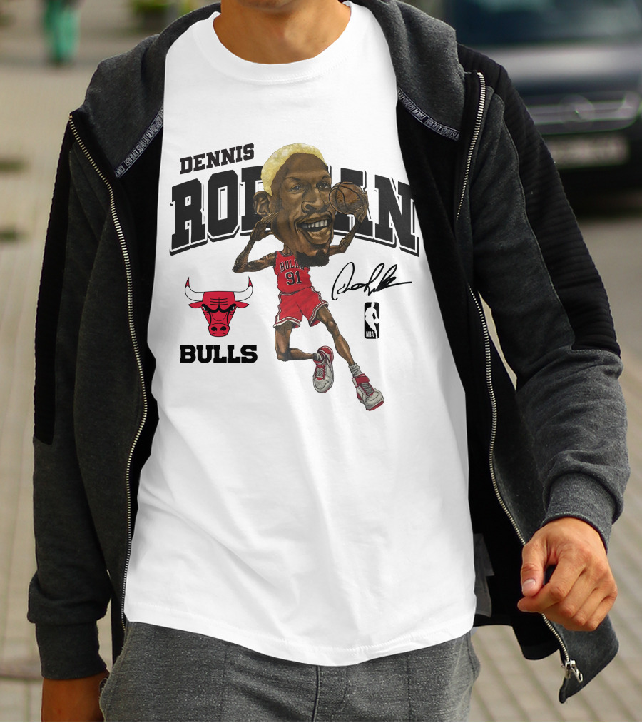 Dennis Rodman 91 Chicago Bulls NBA Caricature Signature Mitchell And Ness T-Shirt