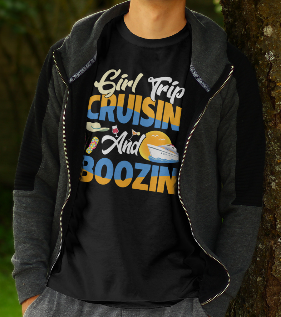 Girl Trip Cruisin' And Boozin' With Flip-Flops, Sun Hat, Drinks, And Cruise Ship Sunset T-Shirt