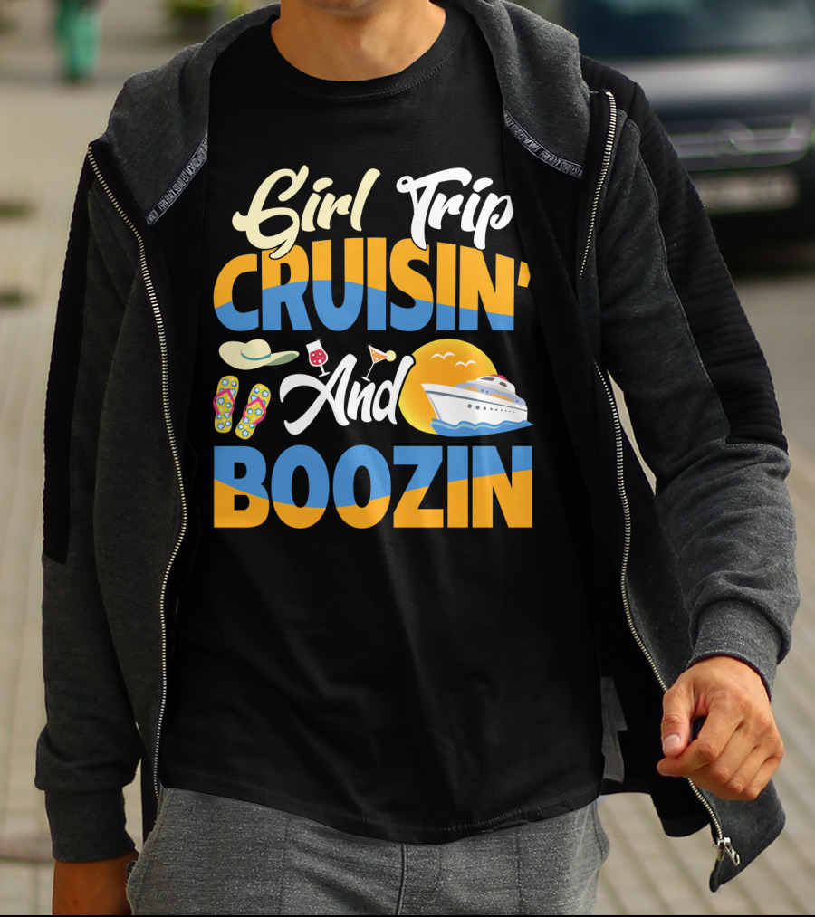 Girl Trip Cruisin' And Boozin' With Flip-Flops, Sun Hat, Drinks, And Cruise Ship Sunset T-Shirt