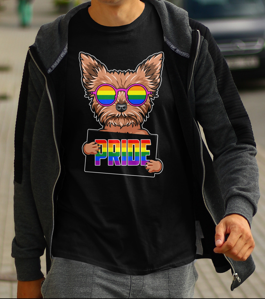 Yorkshire Terrier With Rainbow Glasses Holding Pride Sign T-Shirt