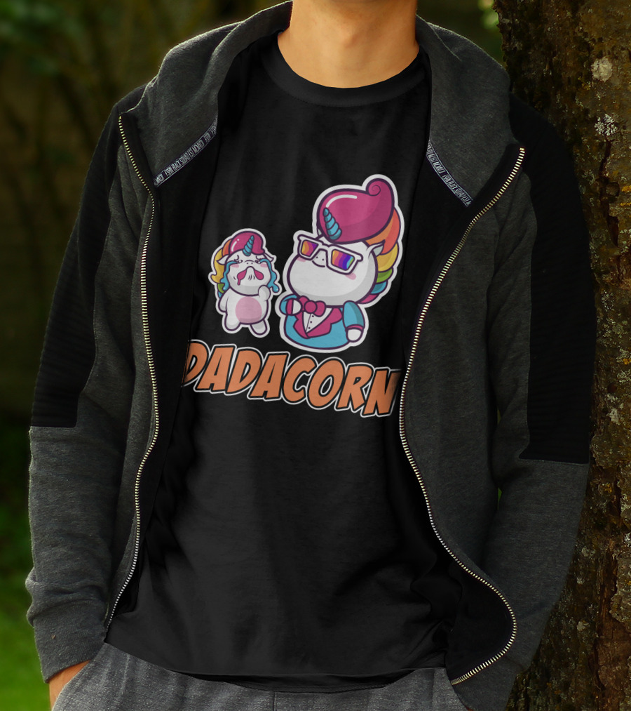 Dadacorn Unicorn Dad And Baby With Rainbow Outfits And Sunglasses T-Shirt